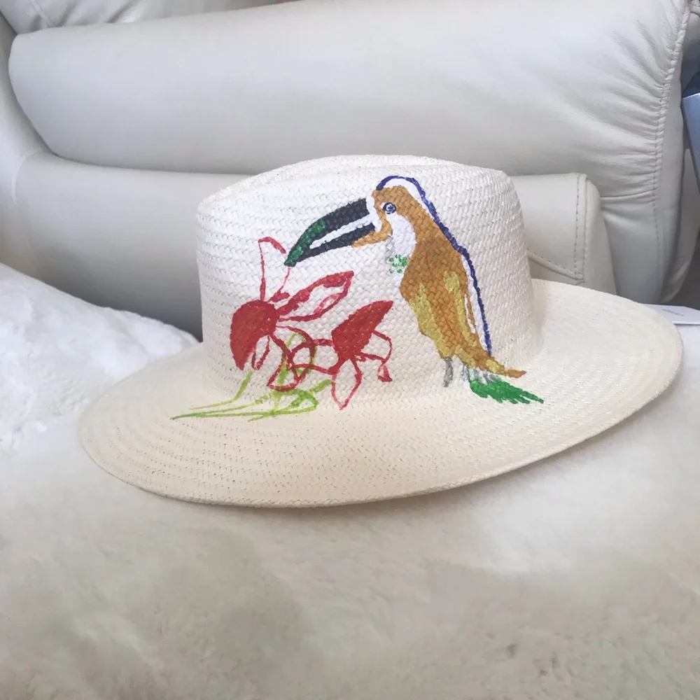 Onia Rosa Panama Hat w Hand Painted Toucan & Flower Detail Limited Edition NWT